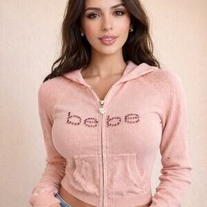 Y2K Bebe Pink Rhinestone Heart Zip Hoodie Valentine S Swarovski Bling Coquette